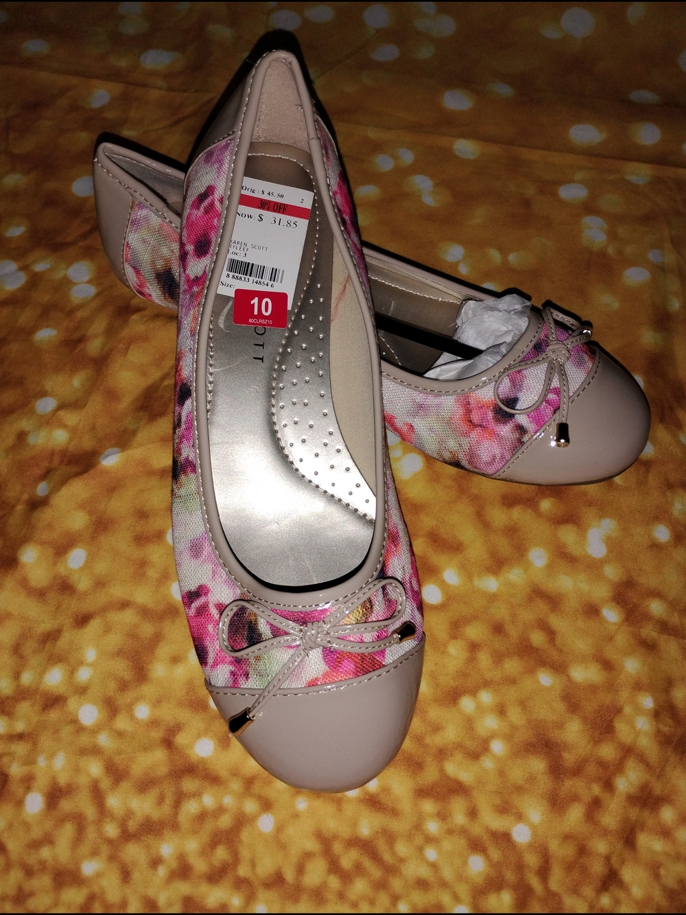 NEW! Karen Scott Pink Floral Ballet Flats with Beige Trim And Accent Bow.